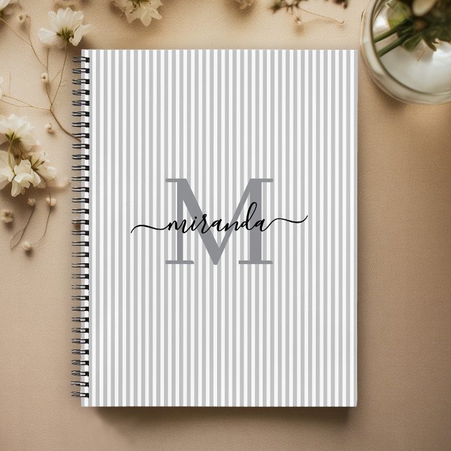 Modern Grey & White Stripes Monogram Name Notebook (Creator Uploaded)