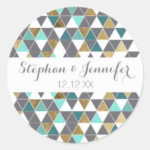 Modern Grey White Teal and Faux Gold Triangles Classic Round Sticker