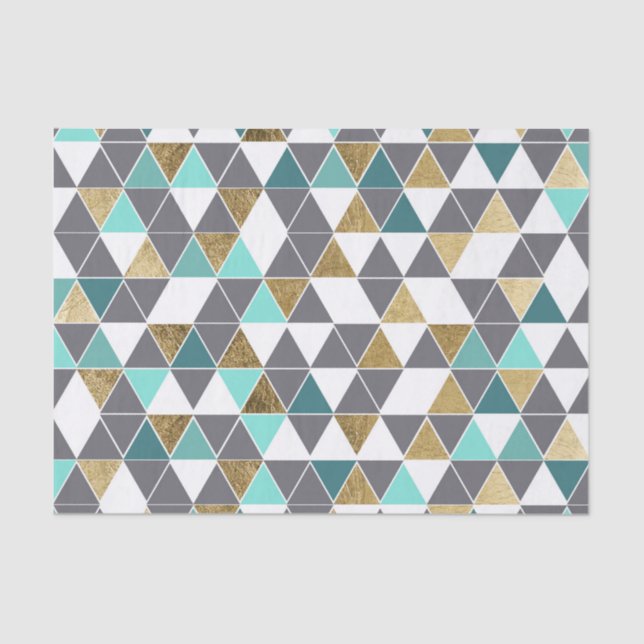 Modern Grey White Teal and Faux Gold Triangles Tissue Paper (Front)