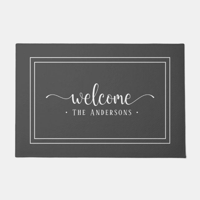 Modern Grey & White Welcome script Family/Company Doormat (Front)