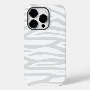 Modern Grey White Zebra Print Personalised Case-Mate iPhone 14 Pro Case