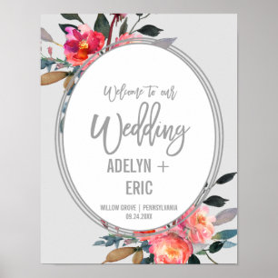 Modern Grey   Winter Flower Wreath Wedding Welcome Poster
