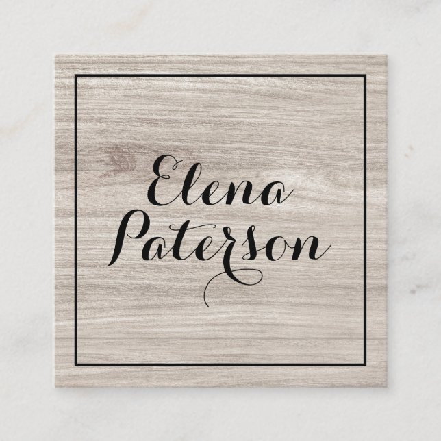 Modern grey wood geometric black frame handmade square business card (Front)