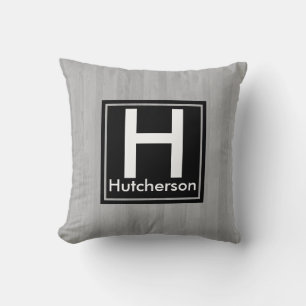 Modern Grey Wooden Planks Square Black Monogram Cushion