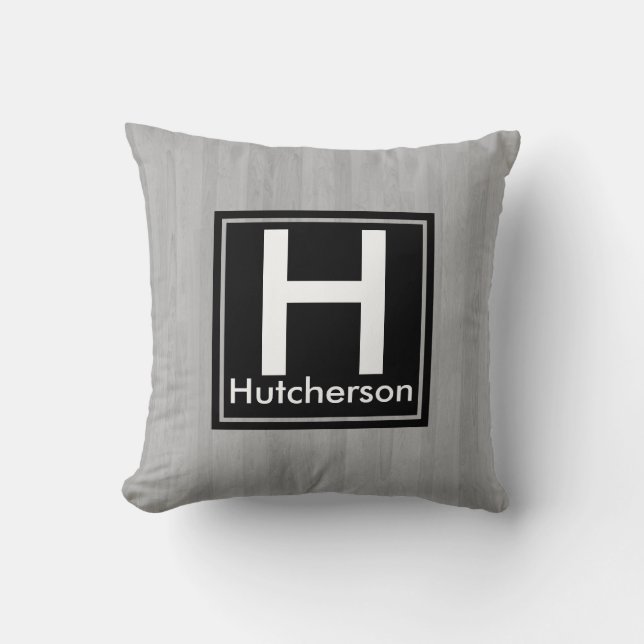 Modern Grey Wooden Planks Square Black Monogram Cushion (Front)