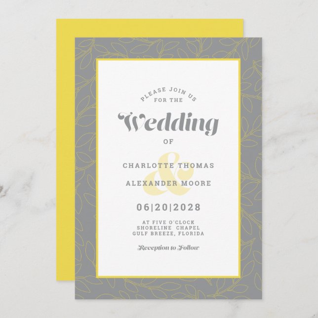 Modern Grey & Yellow Abstract Leaves Pattern Invitation (Front/Back)