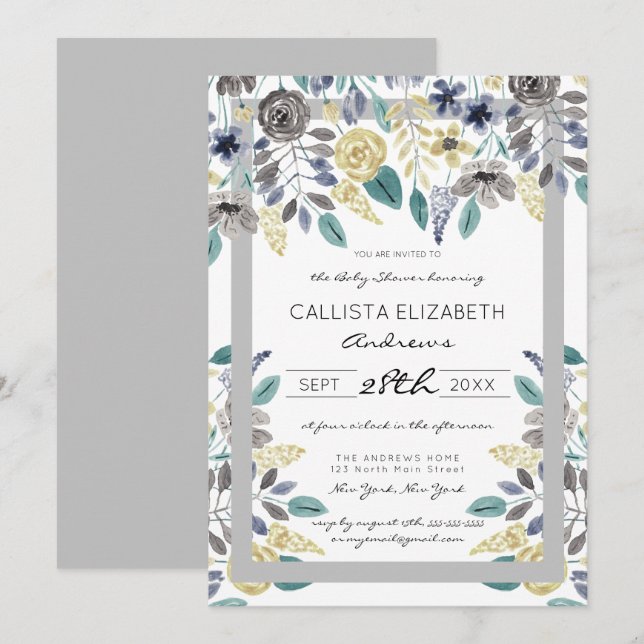 Modern Grey Yellow Floral Watercolor Baby Shower Invitation (Front/Back)
