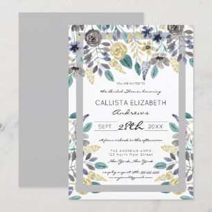 Modern Grey Yellow Floral Watercolor Bridal Shower Invitation