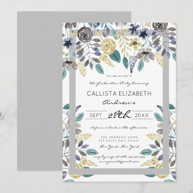 Modern Grey Yellow Floral Watercolor Graduation Invitation (Front/Back)