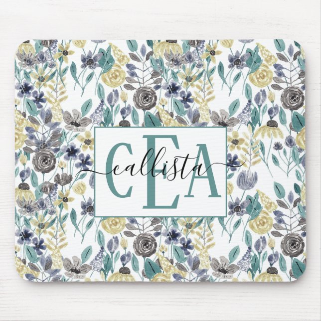 Modern Grey Yellow Floral Watercolor Monogram Mouse Mat (Front)