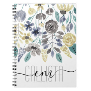 Modern Grey Yellow Floral Watercolor Monogram Notebook