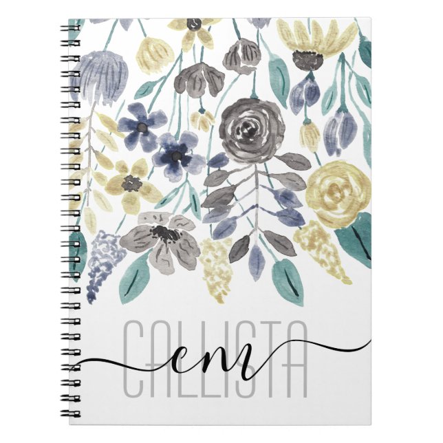 Modern Grey Yellow Floral Watercolor Monogram Notebook (Front)