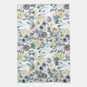 Modern Grey Yellow Floral Watercolor Pattern Tea Towel