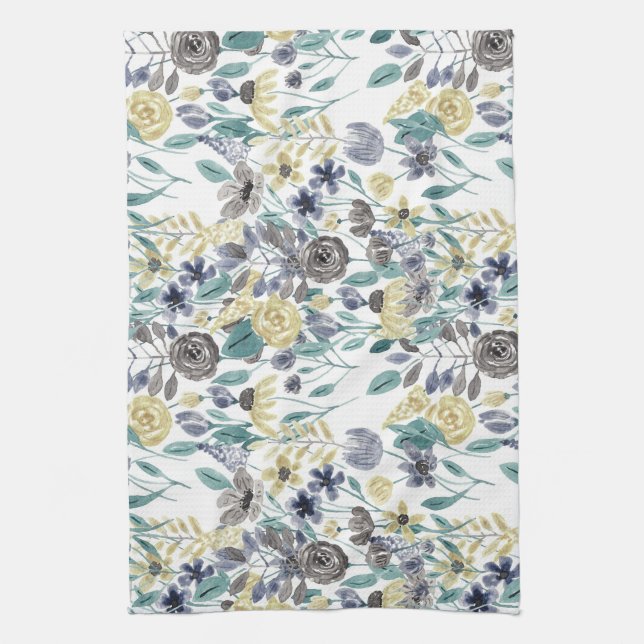 Modern Grey Yellow Floral Watercolor Pattern Tea Towel (Vertical)