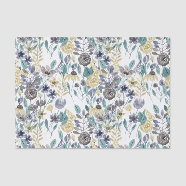 Modern Grey Yellow Floral Watercolor Pattern Tissue Paper (Front)