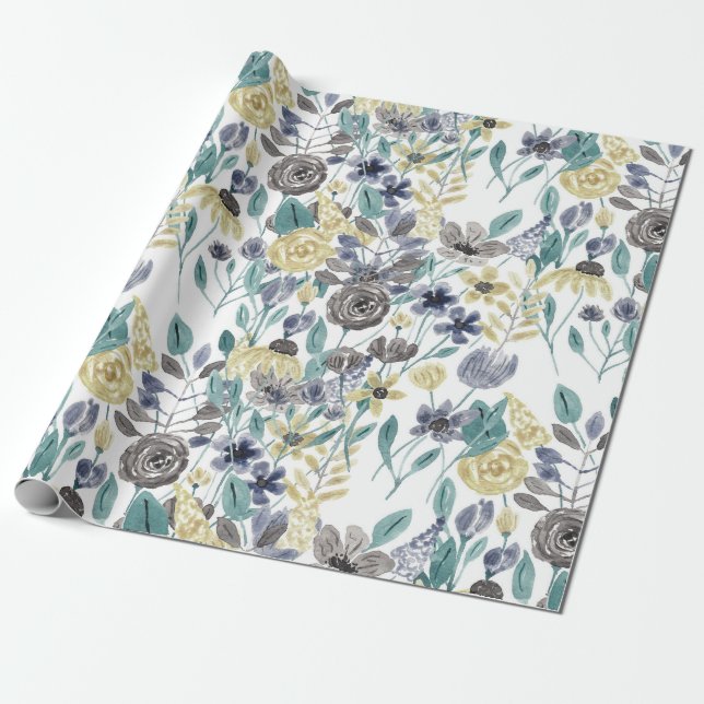 Modern Grey Yellow Floral Watercolor Pattern Wrapping Paper (Unrolled)