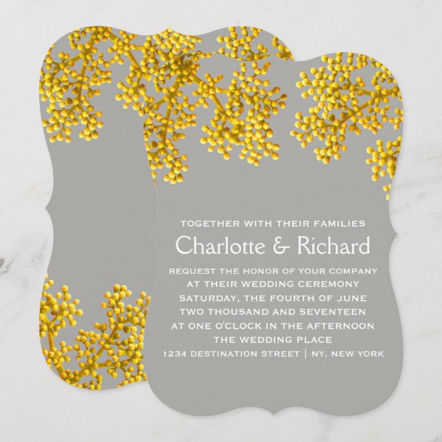 Modern Grey & Yellow Florals Wedding Invitation (Front/Back)