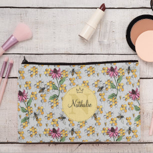 Modern Grey & Yellow Queen Bee & Flowers Monogram Accessory Pouch