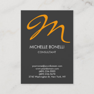 Modern grey yellow script monogram business card
