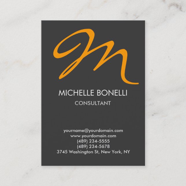 Modern grey yellow script monogram business card (Front)