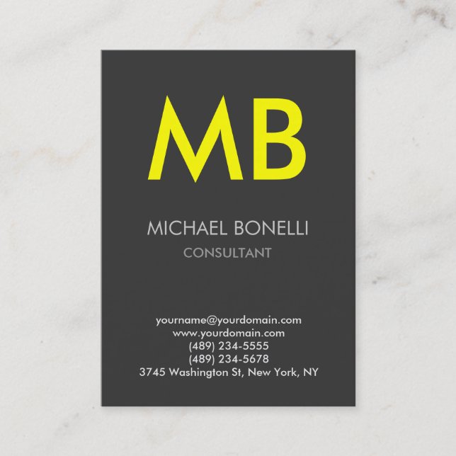 Modern grey yellow trendy monogram business card (Front)