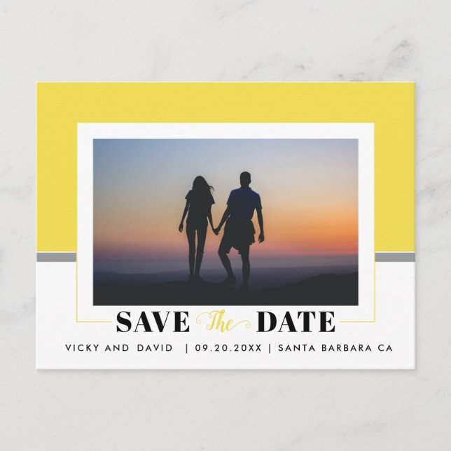 Modern grey, yellow wedding Save the Date photo Postcard (Front)