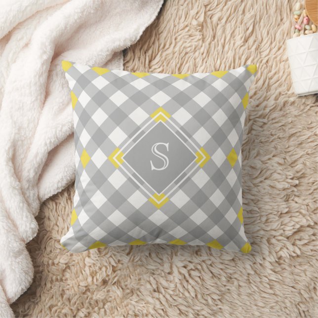 Modern Grey Yellow White Gingham Monogram Cushion (Blanket)