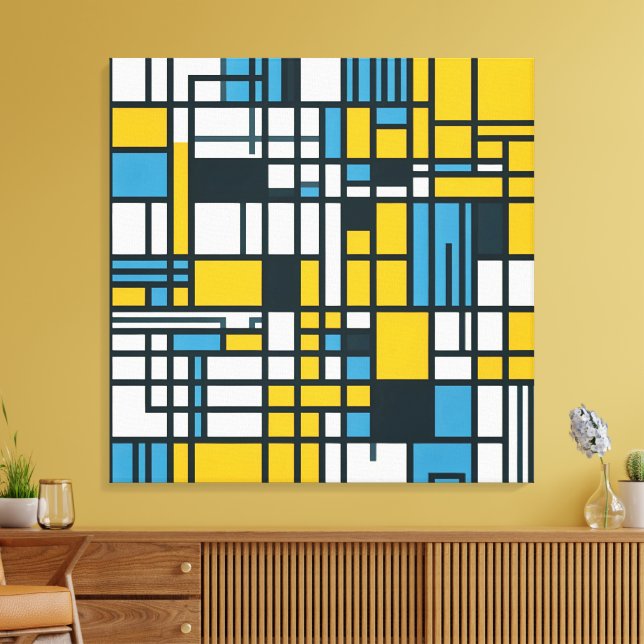 Modern Grid Abstraction – Mondrian-Inspired Geomet Canvas Print (Insitu(LivingRoom))
