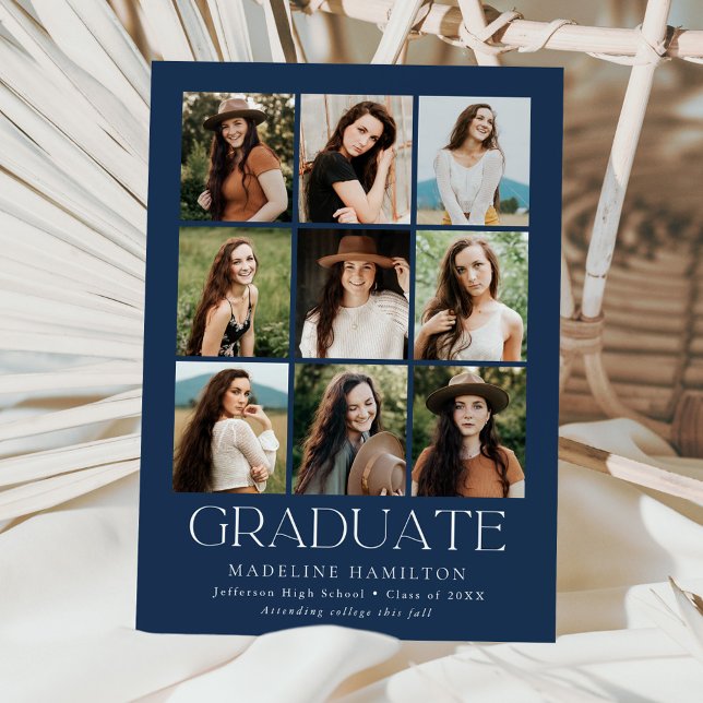 Modern Grid Navy 9 Photo Collage Graduation Announcement (Creator Uploaded)