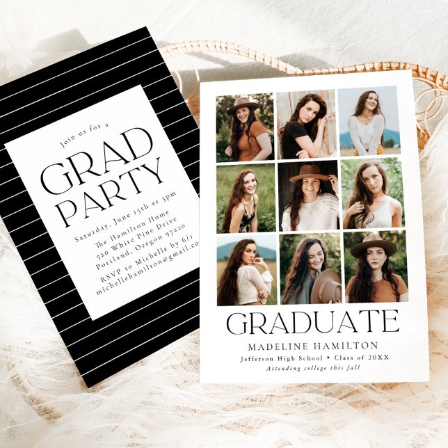 Modern Grid White 9 Photo Collage Graduation Party Invitation (Creator Uploaded)