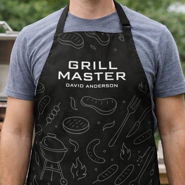 Modern Grill Master Typography with Minimal BBQ Apron (Personalized Grill Master apron photo with bold custom name and BBQ icon pattern)