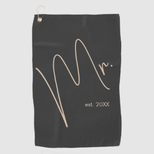 Modern Groom Beige + Black Script Golf Towel