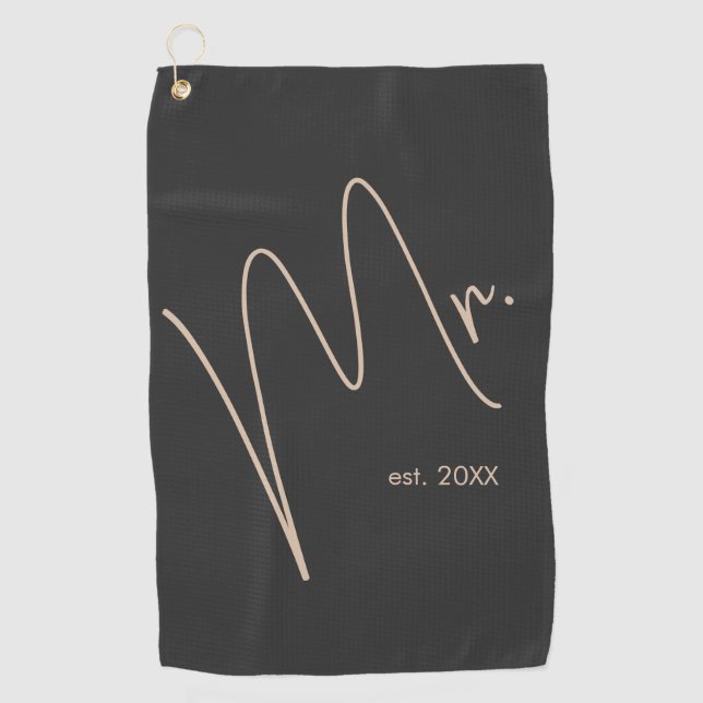Modern Groom | Beige + Black Script Golf Towel (Front)