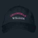 Modern Groomsman Bachelor Party Custom Embroidered Hat<br><div class="desc">Add a name and the role to play at the wedding by clicking the "Personalised" button. This chic and stylish cap serves as the perfect memento of a memorable getaway with your favourite buddies. The front of the cap showcases a captivating sports-inspired "Groomsman" typography that perfectly captures the fun and...</div>