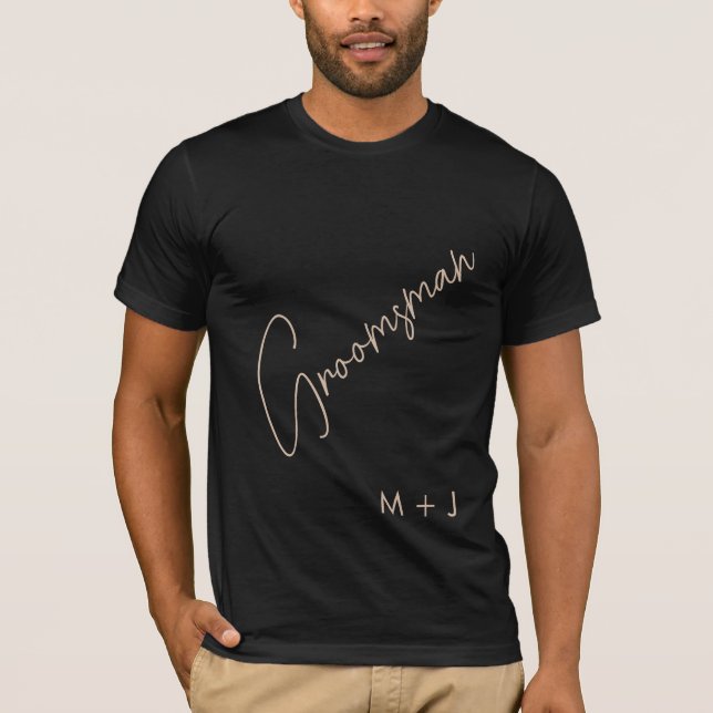 Modern Groomsman | Beige + Black Script T-Shirt (Front)