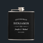 Modern Groomsmen Gift Elegant Bride and Groom Name Hip Flask<br><div class="desc">Commemorate your groomsmen with this custom flask. Personalise each flask with the groomsman's name, their role (e.g., Best Man, Groomsman), the names of the wedding couple, and the date of the wedding. These stylish and modern gifts are ideal for enjoying their favourite drink and will be a meaningful keepsake of...</div>