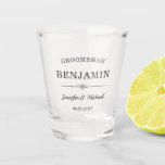 Modern Groomsmen Gift Elegant Bride and Groom Name Shot Glass<br><div class="desc">Commemorate your groomsmen with this custom wedding party gift. Personalise each shot glass with the groomsman's name, their role (e.g., Best Man, Groomsman), the names of the wedding couple, and the date of the wedding. These stylish and modern gifts are ideal for enjoying their favourite drink and will be a...</div>