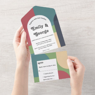 Modern Groovy Colourful Abstract Chic Retro Weddin All In One Invitation