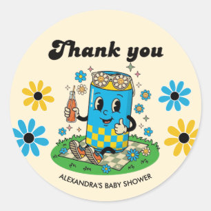 Modern Groovy Daisy Blue Ready to Pop Thank you Classic Round Sticker