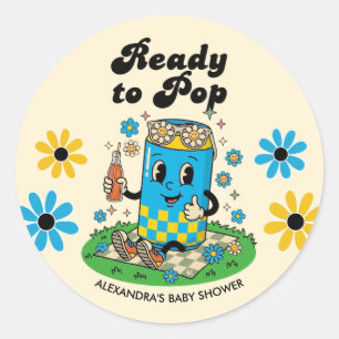 Modern Groovy Daisy Blue Yellow She's Ready to Pop Classic Round Sticker