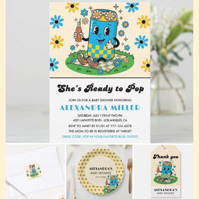 Modern Groovy Daisy Blue Yellow She's Ready to Pop Invitation (Creator Uploaded)