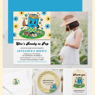 Modern Groovy Daisy Blue Yellow She's Ready to Pop Invitation