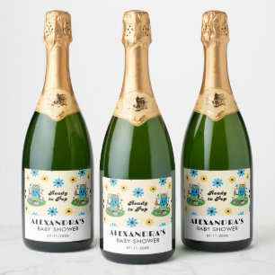 Modern Groovy Daisy Blue Yellow She's Ready to Pop Sparkling Wine Label