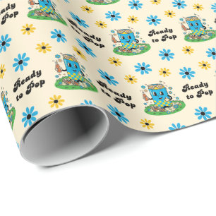 Modern Groovy Daisy Blue Yellow She's Ready to Pop Wrapping Paper