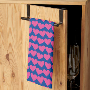 Modern Groovy Pink Blue Hearts Pattern Valentines Tea Towel