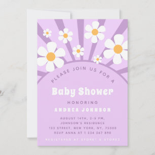 Modern Groovy Retro Pink Purple Daisy Baby Shower Invitation