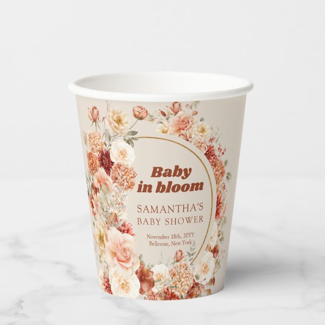 Modern groovy terracotta burgundy blush tan floral paper cups (Front)