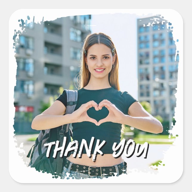 Modern Grunge Border Photo Thank You Square Sticker (Front)