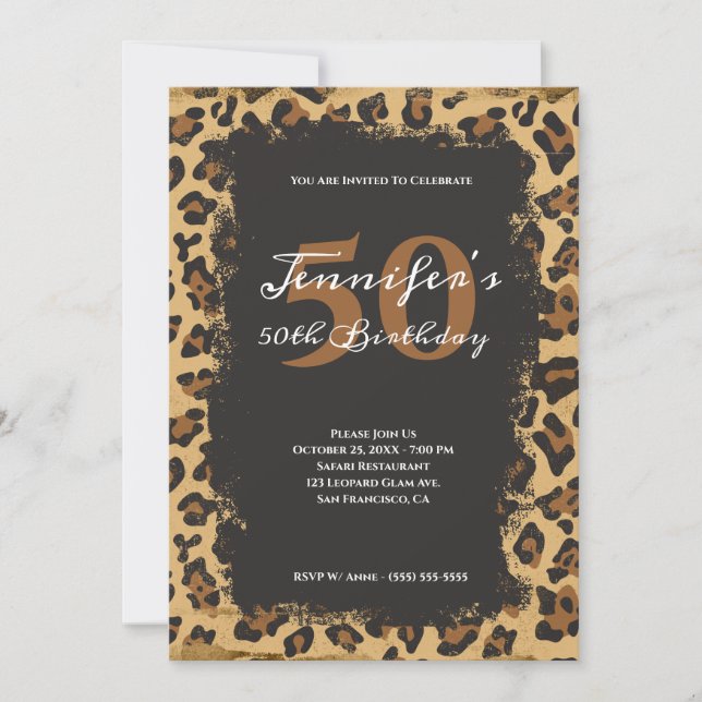Modern Grunge Leopard Safari 50th Birthday Invitation (Front)