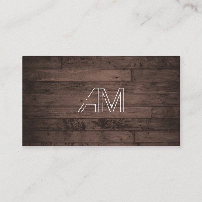 Modern Grunge Monogram on Brown Wood Business Card (Front)